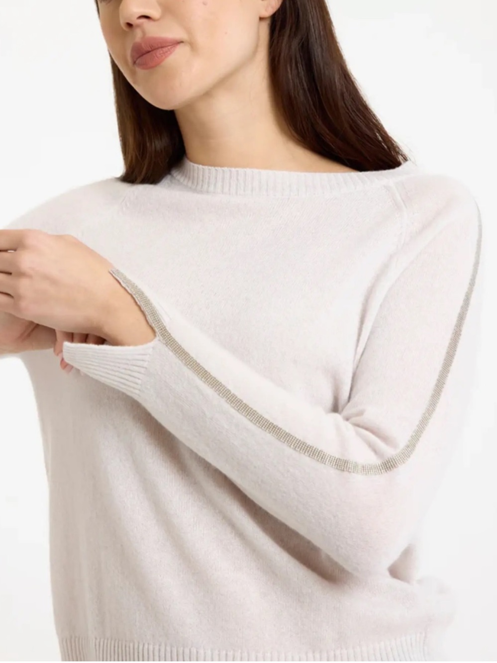 Brodie Pure Cashmere Glitz Split Cuff Crew Jumper Sweater Light Gray Silver-M